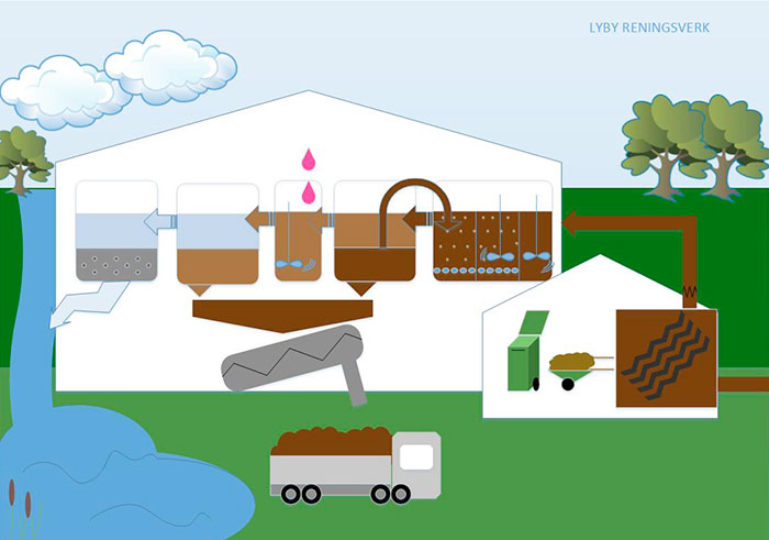 Illustration över hur avloppsvatten renas i Lyby reningsverk