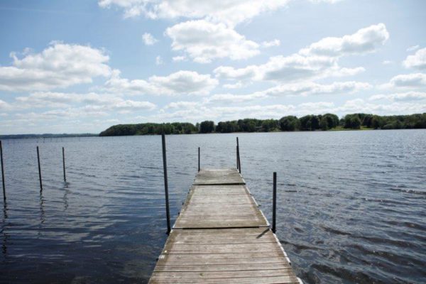 En brygga som går ut i en sjö en vacker sommardag. I bakgrunden syns en trädlinje på andra sidan sjön.