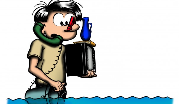 En tecknad man står till midjan i vatten. Han håller telefonen vid örat med axeln samtidigt som han håller en tv med en bok och en vas ovanpå. I andra handen har han en hink i vattnet.