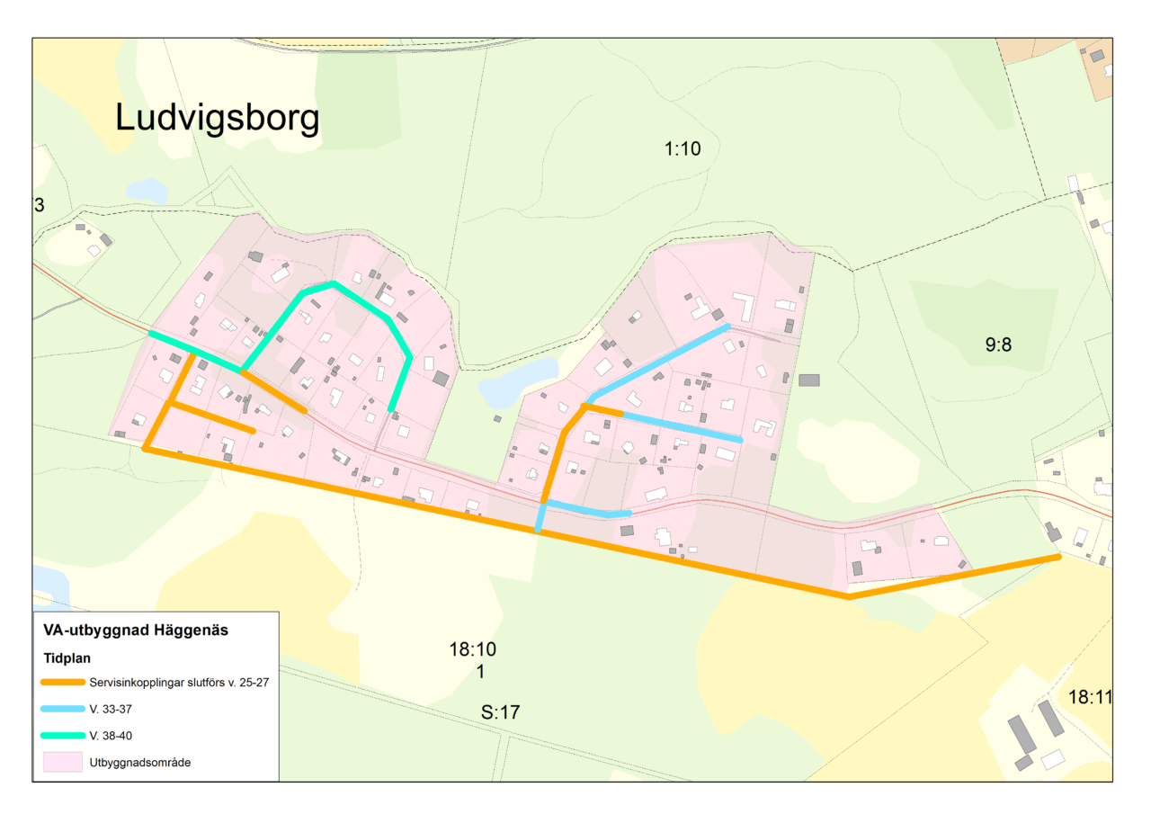 Karta över Häggenäs och dess utbyggnad av VA